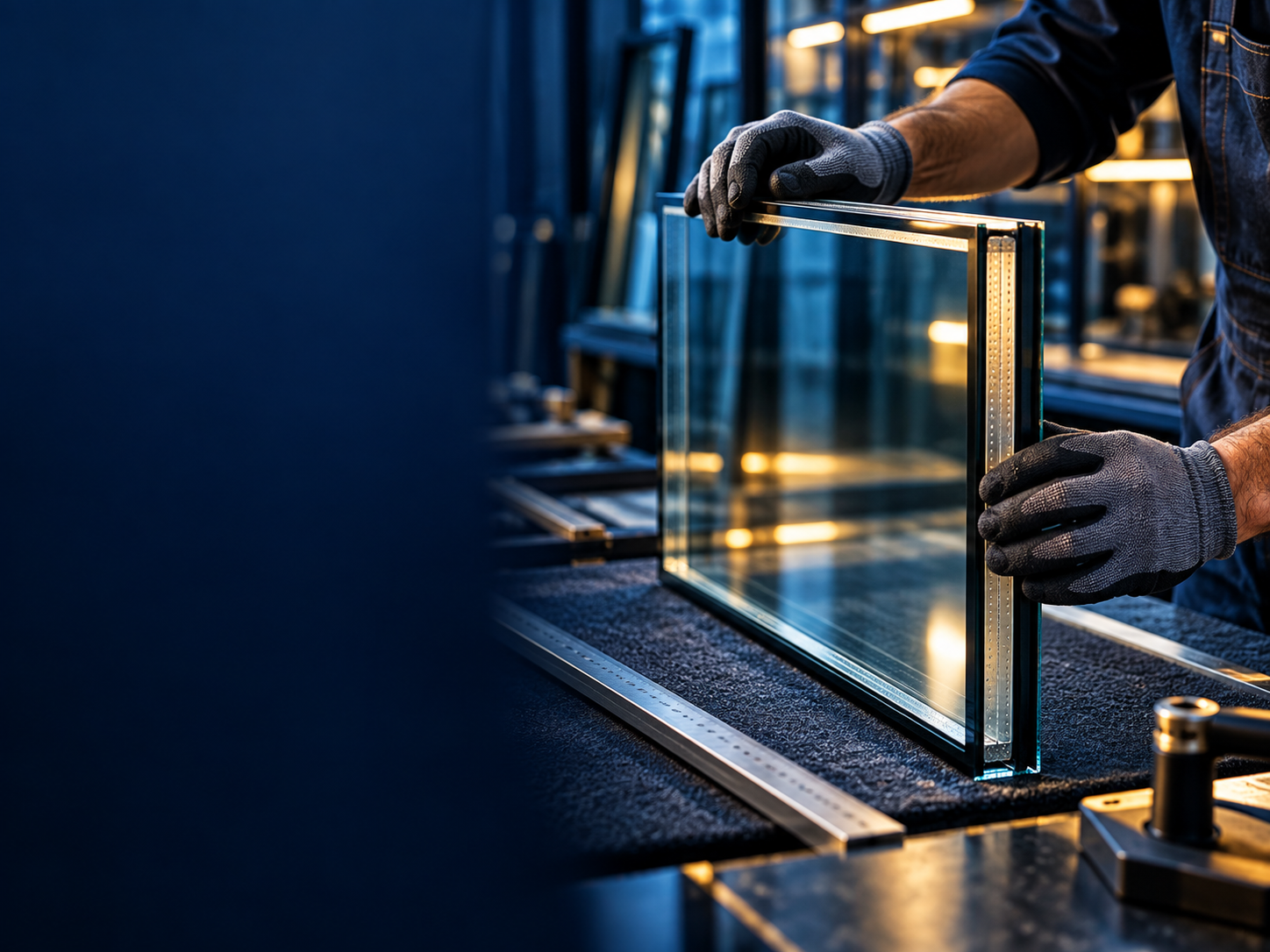 Illustrative scene of a glazier handling a custom sealed double-pane glass unit
