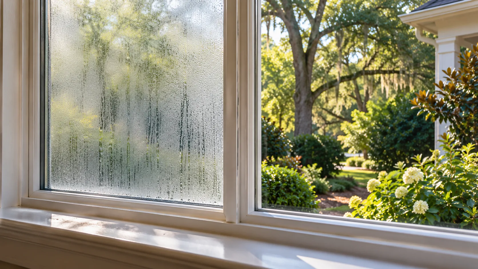 Fogged insulated glass beside a clear window (illustrative image)