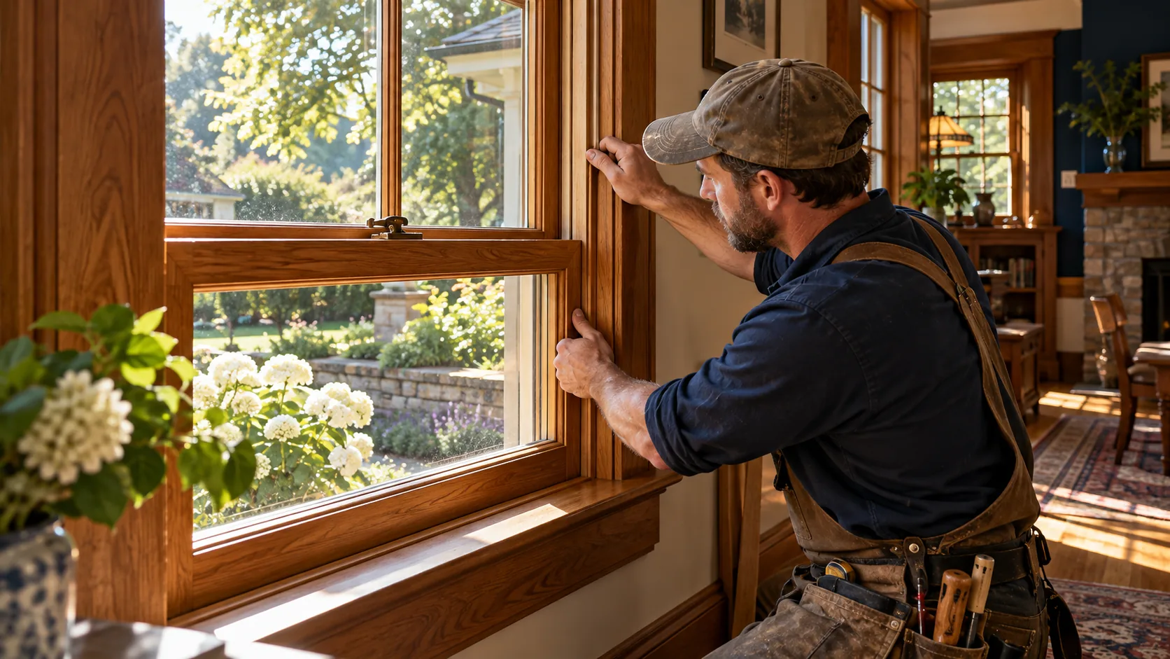 Wood window and craftsman fitting its frame (illustrative image)